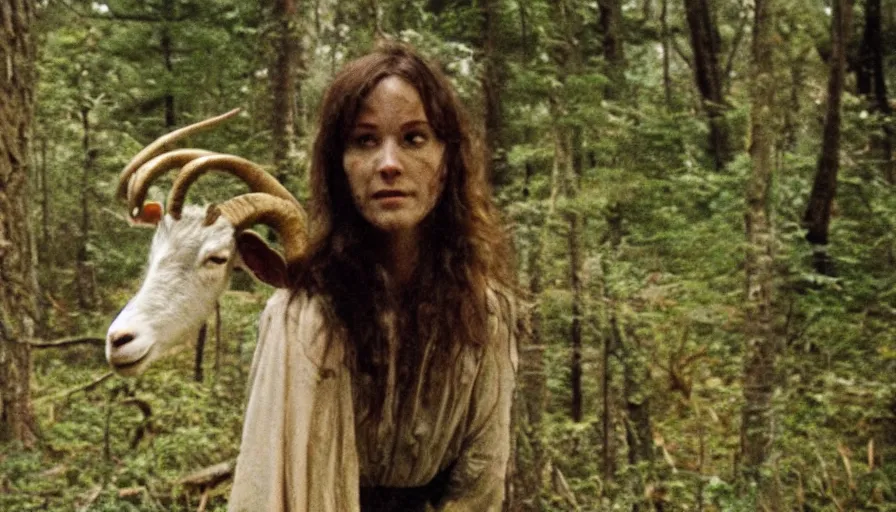 Prompt: grainy 16 mm indie horror film about goat headed demons in the forest