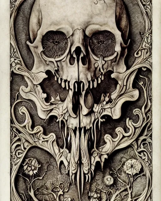 Image similar to memento mori by arthur rackham, art forms of nature by ernst haeckel, exquisitely detailed, art nouveau, gothic, ornately carved beautiful skull dominant, intricately carved antique bone, art nouveau botanicals, ornamental bone carvings, art forms of nature by ernst haeckel, horizontal symmetry, arthur rackham, ernst haeckel, symbolist, visionary