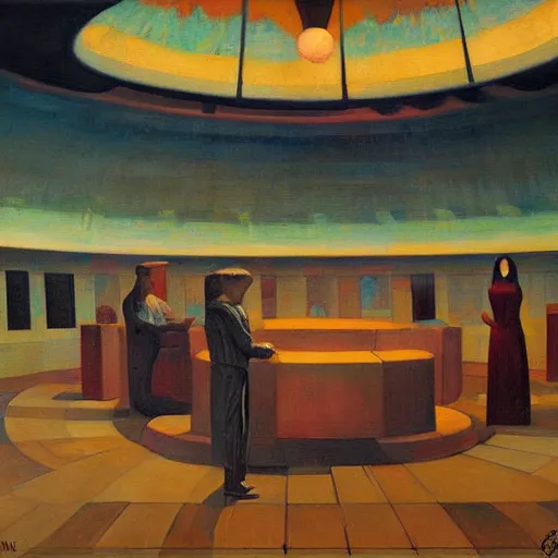 Image similar to three brutalist robotic seers watchers oracles soothsayers inside a dome, pj crook, grant wood, edward hopper, syd mead, oil on canvas