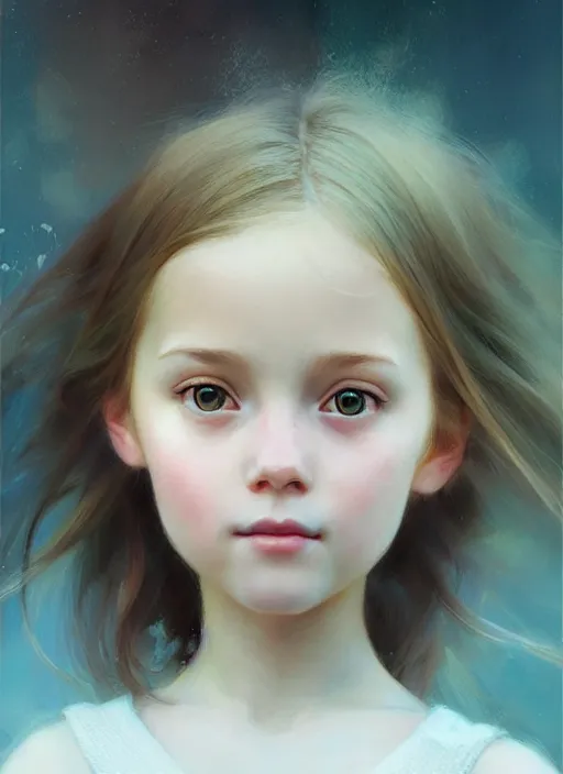 Prompt: realistic tender sweet portrait of a young cute girl with realistic hair on the wind, symmetrical eyes, portrait illustration, trending on artstation, characterdesign, sharp focus, illustration, art by ruan jia, ghibli, elena shumilova, leah robinson