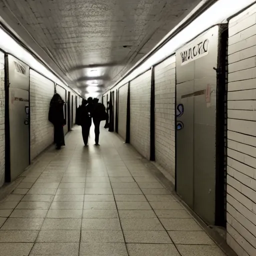 Prompt: a photograph of a creepy, liminal subway station