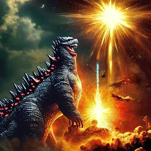 Prompt: Godzilla fighting Jesus Christ in Space