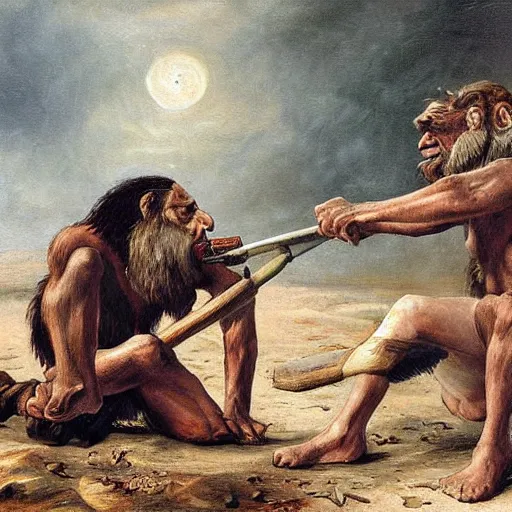 Image similar to historical picture war between homo sapien and neanderthal, artstaton, stable art detailed,