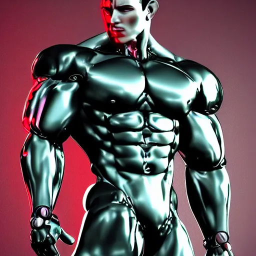 Image similar to a realistic detailed photo of a bodybuilder who is also a male android Chris Redfield, shiny skin, posing robotically, blank stare