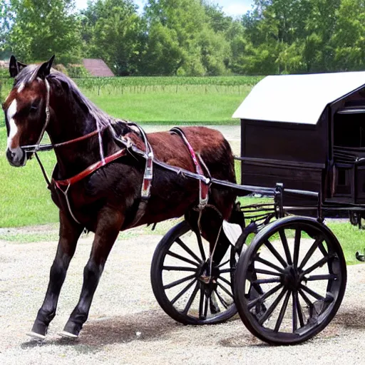 Prompt: amish horse pulled buggy with nacar decals