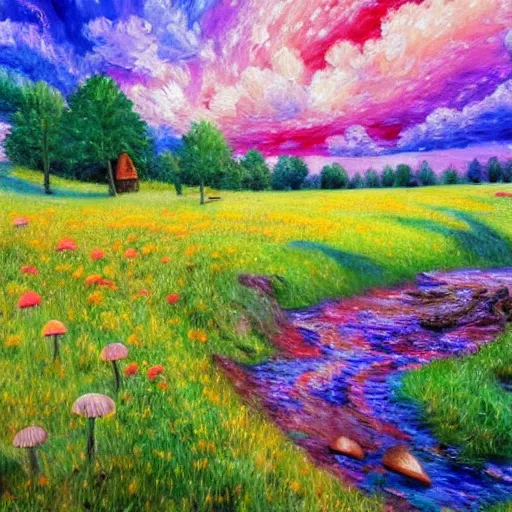 Image similar to an impressionist painting of a gorgeous meadow filled with colorful mushrooms with a stream flowing through it, psychedelic colors, colorful sky in background, high detail, trending on artstation