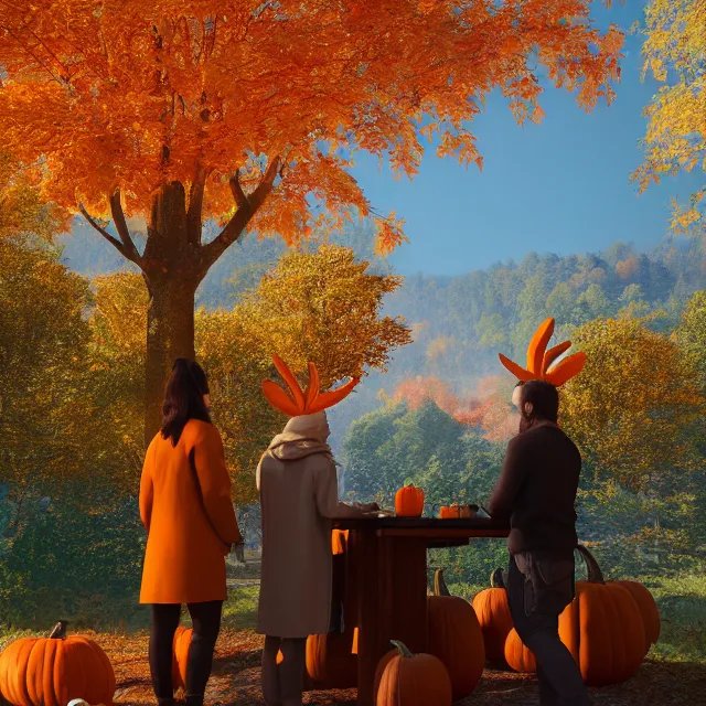 Image similar to pumpkin headed people ordering coffee at a coffee stand, maple trees with fall foliage, on a mountain, volumetric, realistic, cinematic lighting, ray tracing, unreal engine 5, octane render, hyper realistic, photo, 8 k