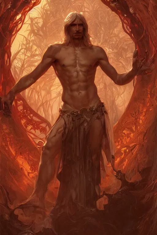 Image similar to portrait of dante in hell, forest, godlike, full body, fantasy, intricate, elegant, highly detailed, digital painting, artstation, concept art, sharp focus, illustration, art by artgerm and greg rutkowski and alphonse mucha