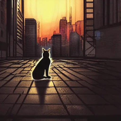 Image similar to cyberpunk cat sits in the city at twilight