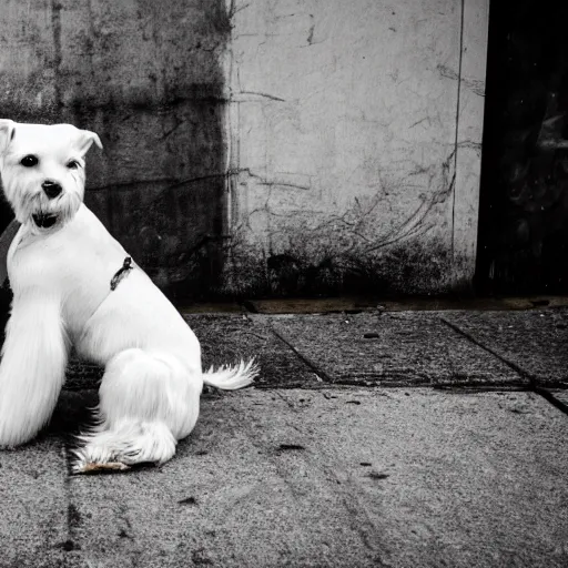 Image similar to photo of a white schnauzer dog with two open wings on his back sitting on the street of an abandoned dystopic city, hyprrealism, 5 5 mm photo