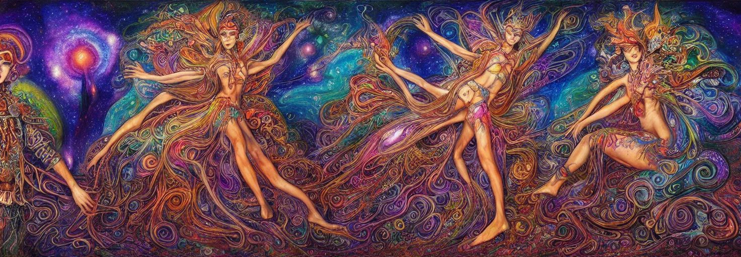 Image similar to two psychedelic shamans intertwined in a cosmic entanglement by Josephine Wall and Daniel Merriam, Artstation