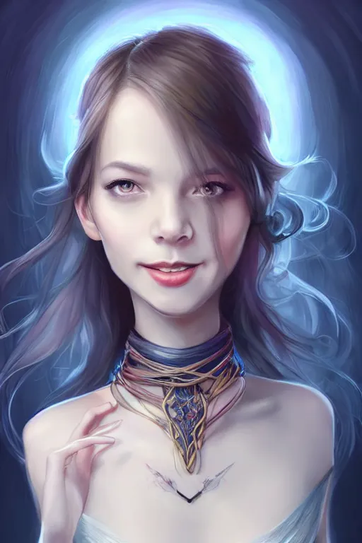 Image similar to portrait of a gorgeous young female artificer, looking at camera, D&D, choker on neck, stylish dress, mouth slightly open, cute slightly nerdy smile, very long flowing hair, intricate, elegant, stylish, fantasy, extremely detailed, digital painting, artstation, concept art, smooth, sharp focus, illustration, stunning lighting, art by artgerm and greg rutkowski and alphonse mucha and simon stalenhag