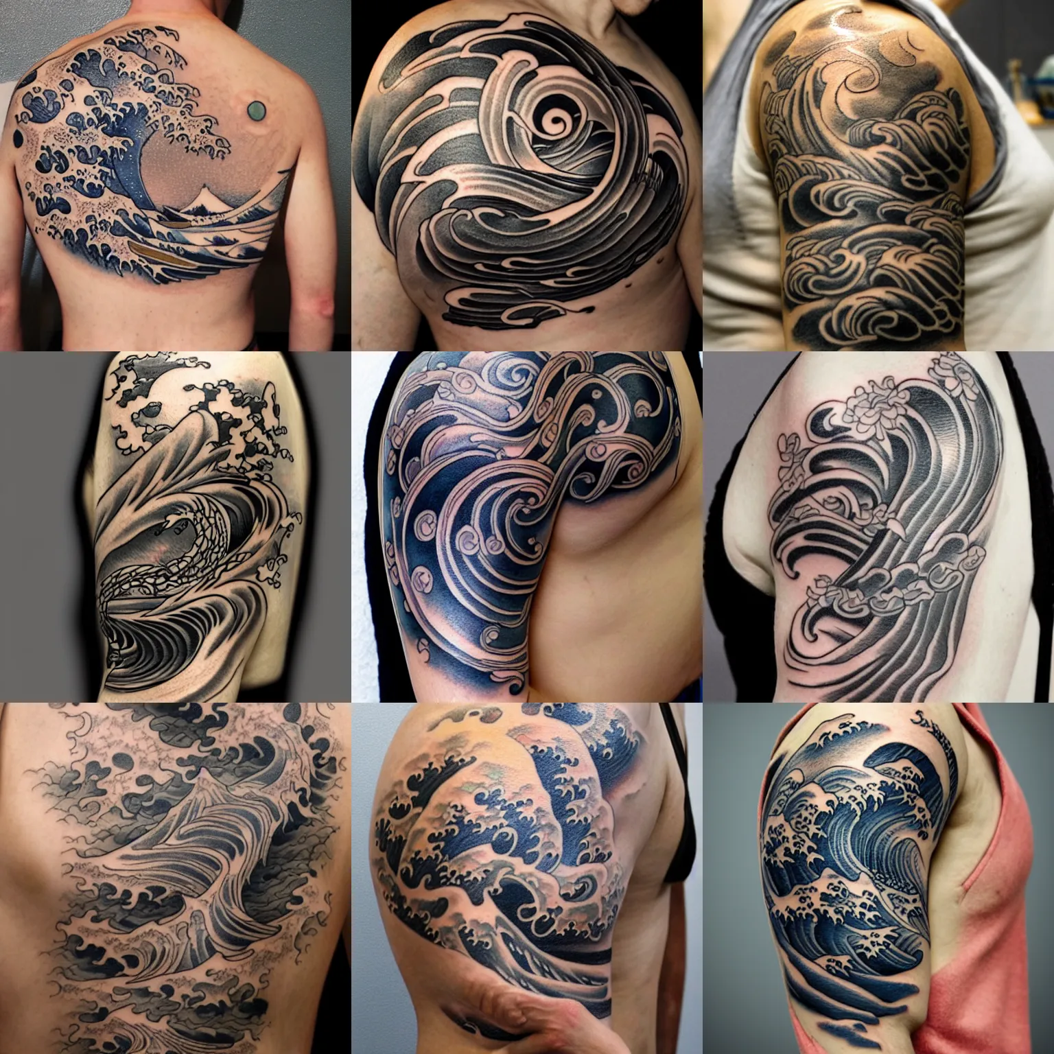 Prompt: japanese tattoo sketch on shoulder by anton pieck, kanagawa japanese wave, intricate, extremely detailed, digital painting, artstation, concept art, smooth, sharp focus, illustration, intimidating lighting, incredible art,