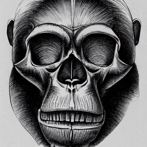 Image similar to a humanoid chimp skull hovering over a star pattern, 2 handguns are crossing in the middle of the picture ultra detailed, fine line pen drawing on parchment, symmetrical, stylish