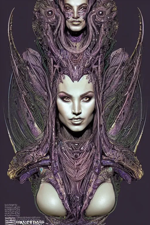Image similar to a beautiful exotic other-worldly alien queen bust portrait, with confident twinkling eyes, extremely detailed frontal declotage and thick flowing hair, perfectly symmetrical facial features and muscle anatomy, ultradetailed art and illustration, aquiline facial features and primordial beauty, by bill sienkiewicz and chris bachalo and travis charest, fantasy, intricate complexity, asian and native american facial structure, accurate human anatomy mixed with hyper-evolved alien characteristics, sci-fi character concept, mixed media, splatter, bleed, hyperrealism 8k