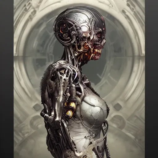 Prompt: portrait painting of a biomech cyborg zombie, ultra realistic, concept art, intricate details, eerie, highly detailed, photorealistic, octane render, 8 k, unreal engine. art by artgerm and greg rutkowski and alphonse mucha