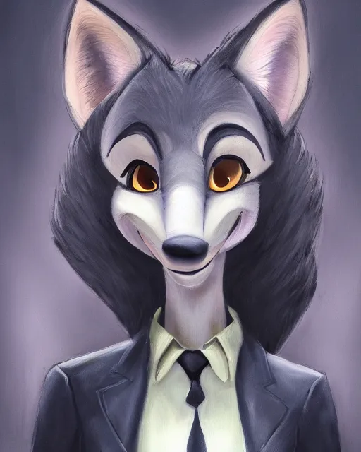 Image similar to dark oil painting of anthromorphic female wolf, in style of zootopia, zootopia, zootopia, fursona, furry, furaffinity, 4 k, deviantart, furry art, fursona art, wearing black business suit, business suit, in style of zootopia, wolf fursona, cyberpunk, female, very very very expressive detailed feminine face,