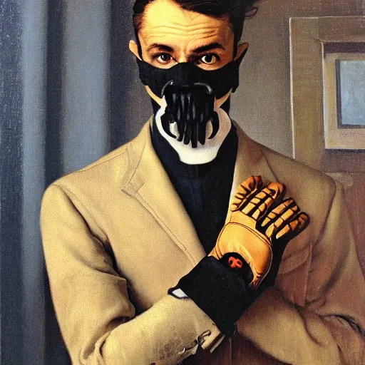 Image similar to portrait of a suited man with gloves and a skull mask, by Gerald Brom and Norman Rockwell