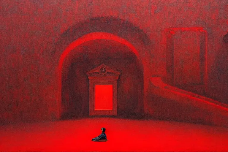 Image similar to only with red, a red melted emperor, taormina amphitheatre, crowd hails him happy, in the style of beksinski, parts by edward hopper, parts by rodcenko, parts by yue minjun, intricate and epic composition, red by caravaggio, insanely quality, highly detailed, masterpiece, red light, artstation, 4 k