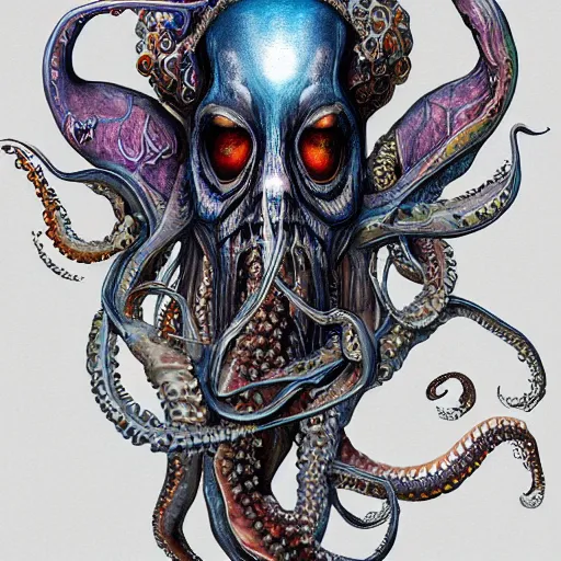 Prompt: ! dream a wlop 3 d render of very very very very highly detailed beautiful mystic portrait of a phantom undead squid with whirling fish around, tattoos by anton pieck, intricate, extremely detailed, digital painting, artstation, concept art, smooth, sharp focus, illustration, intimidating lighting, incredible art,
