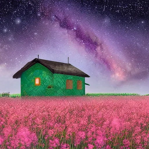 Prompt: A small lonely house in the middle of a flowery field. Beautiful view of the milky way in the night sky. Wide angle shot, award-winning digital art in the anime style by studio Ghibli