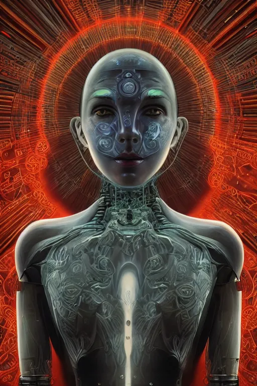 Prompt: cinematic portrait of an AI Robot. Centered, uncut, unzoom, symmetry. charachter illustration. Dmt entity manifestation. Surreal render, ultra realistic, zenith view. Made by hakan hisim feat cameron gray and alex grey. Polished. Inspired by patricio clarey, heidi taillefer scifi painter glenn brown. Slightly Decorated with Sacred geometry and fractals. Extremely ornated. artstation, cgsociety, unreal engine, ray tracing, detailed illustration, hd, 4k, digital art, overdetailed art. Intricate omnious visionary concept art, shamanic arts ayahuasca trip illustration. Extremely psychedelic. Dslr, tiltshift, dof. 64megapixel. complementing colors. Remixed by lyzergium.art feat binx.ly and machine.delusions. zerg aesthetics. Trending on artstation, deviantart