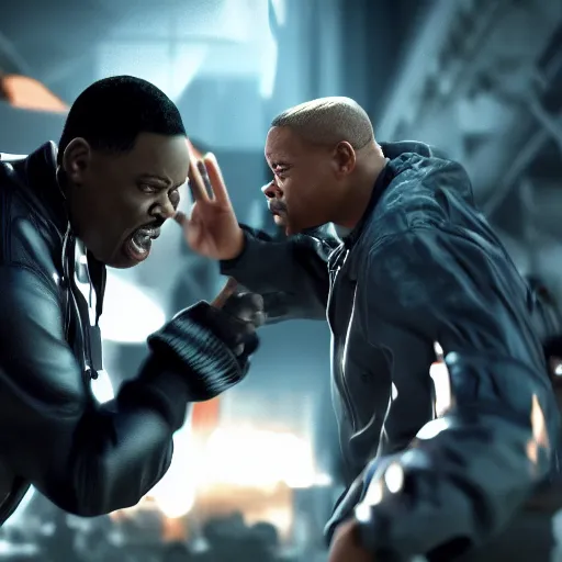 Image similar to chris rock slapping will smith, shadow harsh lights, dramatic scene, hyper detailed, digital art, trending in artstation, cinematic lighting, studio quality, smooth render, unreal engine 5 rendered, octane rendered