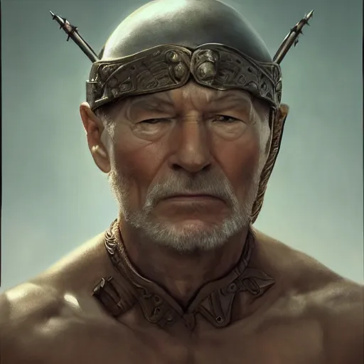 Image similar to a highly detailed matte portrait of patrick stewart as conan the barbarian, art by john collier and albert aublet and krenz cushart and artem demura and alphonse mucha, volumetric lighting, octane render, 4 k resolution, trending on artstation, masterpiece