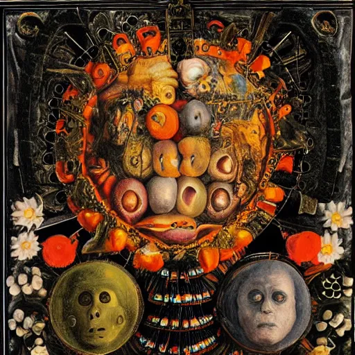 Prompt: album cover, religious reliquary, black, white, orange, psychedelic, giuseppe arcimboldo