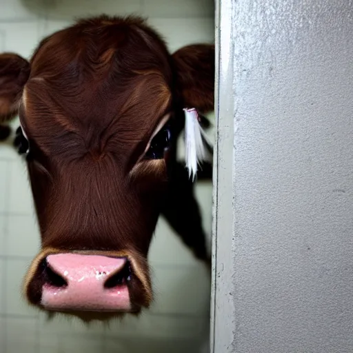 Image similar to mugshot of a cute calf dressed as an inmate inside a jailcell