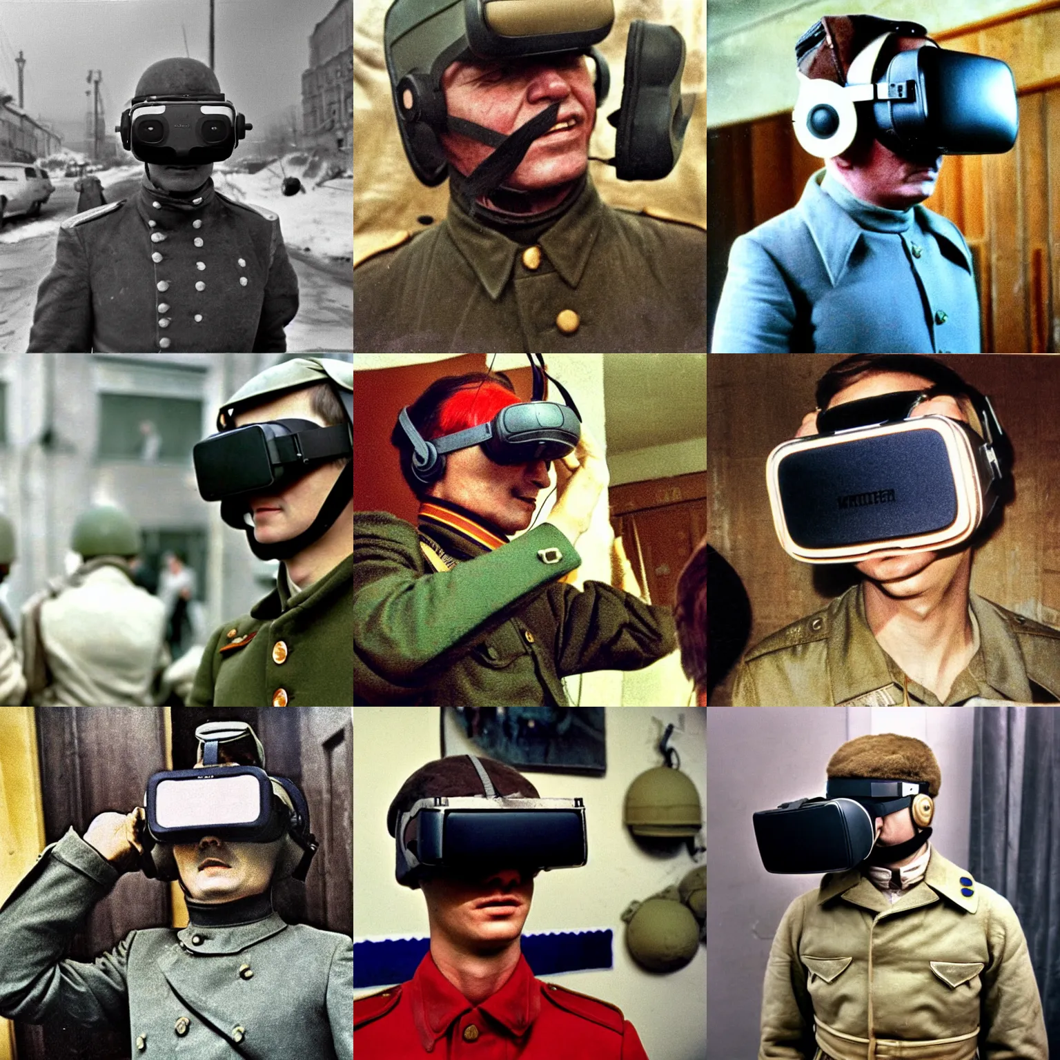 Prompt: old color photograph of a russian soldier with a massive, ovesized soviet virtual reality headset, russia, 1 9 7 6, seventies look, hyper detailed