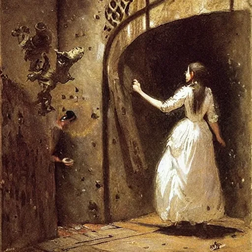 Image similar to young victorian woman lost in a dungeon fighting a monster, by alfred stevens