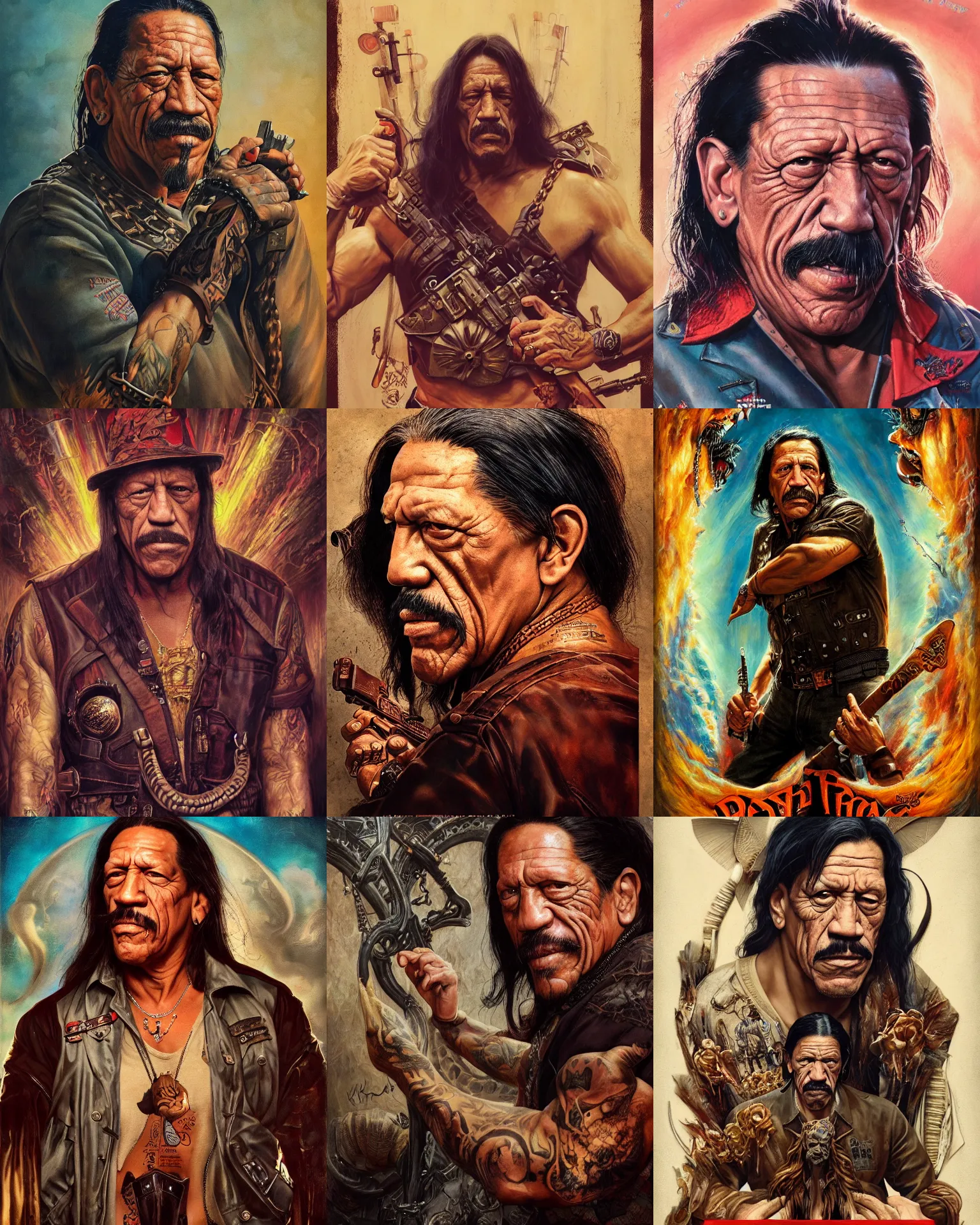 Prompt: vintage danny trejo movie poster by karol bak, james jean, tom bagshaw, rococo, sharp focus, trending on artstation, cinematic lighting, hyper realism, octane render, 8 k, hyper detailed.