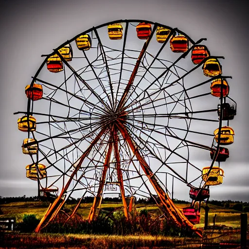 Image similar to an old abandoned rusty ferris wheel, in a town filled with pale yellow mist. Dystopian. Award-winning colored photo. Sigma 40mm f/1.4 DG HSM