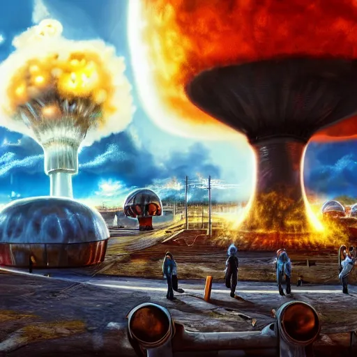 Prompt: terminators playing on a playground with a giant nuclear mushroom cloud in the back ground of a bright blue sky high level of detail 8 k resolution hyperdetailed photorealism