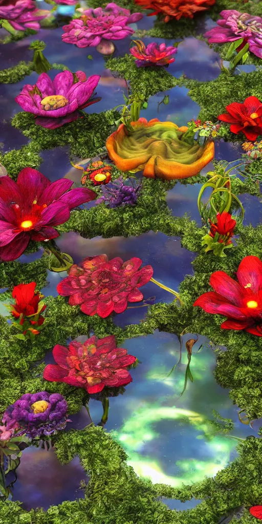 Image similar to alien flowers on a groovy biome warner bros, smooth, cinematic, wet reflections, ray tracing x, rtx, smooth