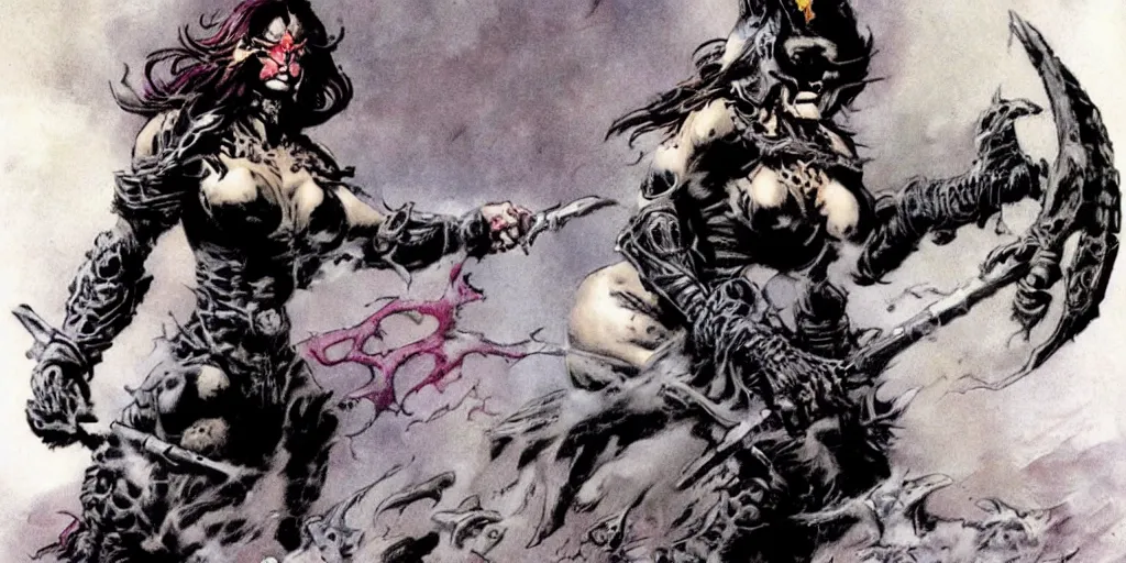 Image similar to female death dealer by frank frazetta, fully colored, hyperdetailed