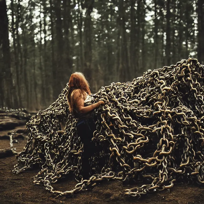 Image similar to a closeup of a woman carrying a pile of chains, in a forest, by Erik Almas, CANON Eos C300, ƒ1.8, 35mm, 8K, medium-format print