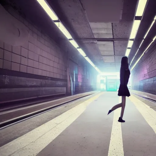 Prompt: a young girl making a model pose in a cyberpunk subway, full body shot, 4k, hyperrealistic n- 4