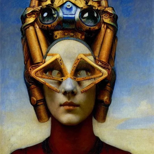 Prompt: the young robot queen with her feathered bird mask, by annie swynnerton and diego rivera and elihu vedder, symbolist, dramatic lighting, elaborate geometric ornament, head and shoulders view, art brut, soft cool colors, smooth, sharp focus, extremely detailed, adolf wolfli and donato giancola