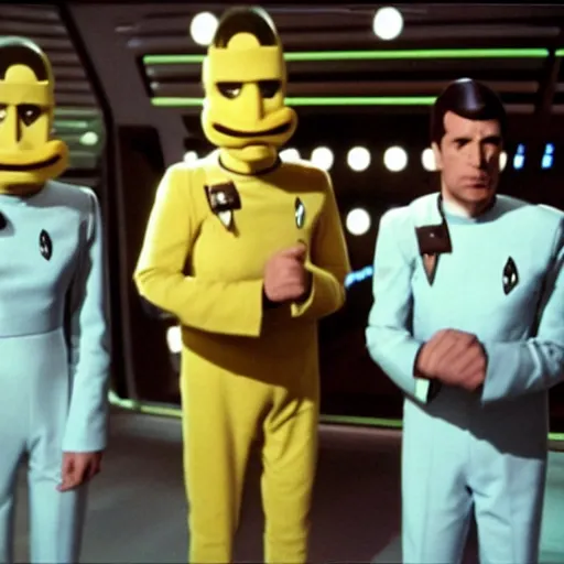 Image similar to anthropomorphic French Fries fighting star trek engineers, still from star trek