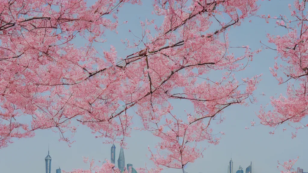 Image similar to a watercolor of Peach blossoms bloom along the Shanghai skyline, The soft pinks and greens of the flowers are offset by the blue of the sky and the gray of the cityscape, by Abbott Fuller Graves, Agnes Cecile, Alma Thomas, HD, Octane render 8K,