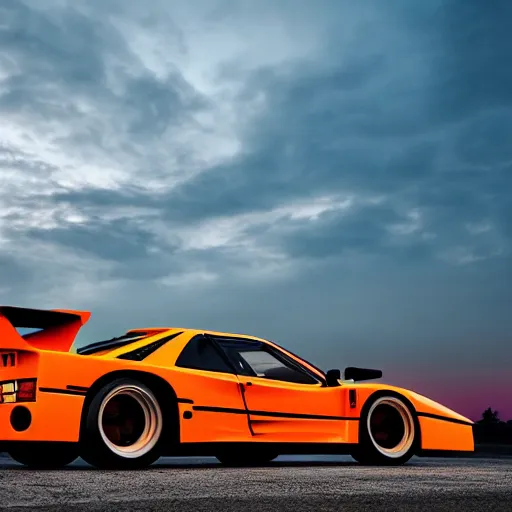 Image similar to neon synthwave ferrari f 4 0, at sunset, 8 k. filling most of the view