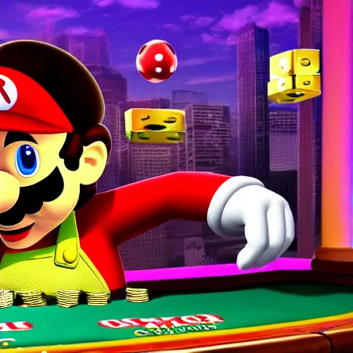 Prompt: mario at the casino, gold coins, smoke, photo