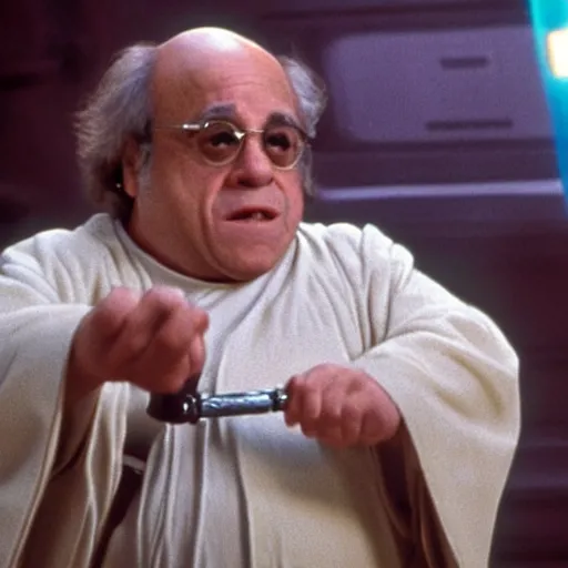 Image similar to movie still of Danny DeVito as Luke Skywalker with lightsaber