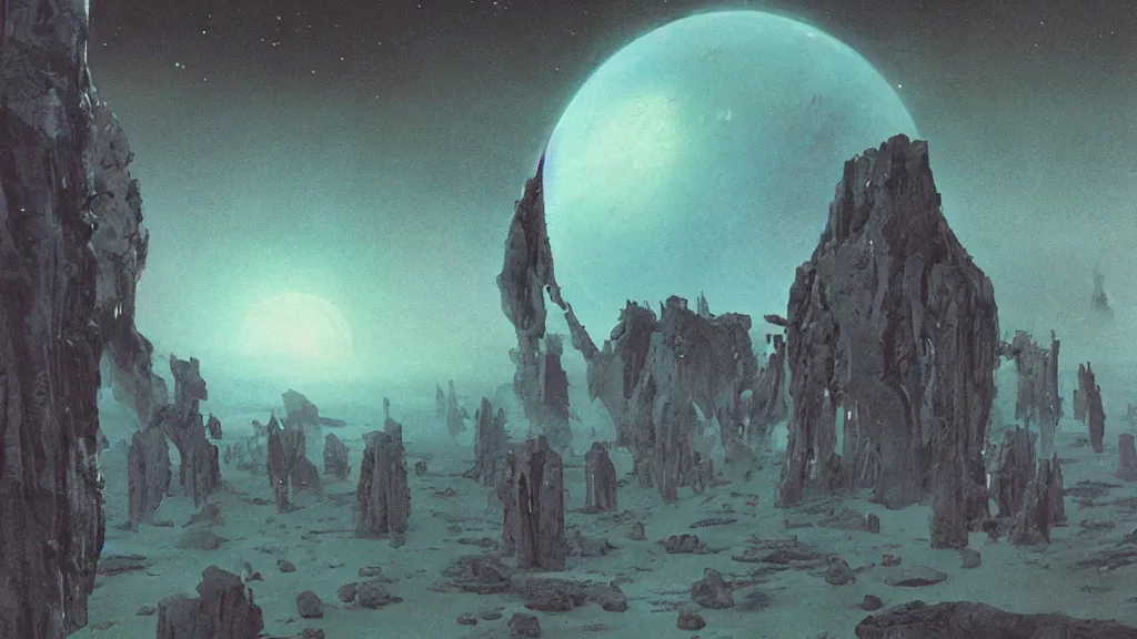 Prompt: eerie atmospheric evolving alien planet by richard m powers and vincent di fate, epic cinematic matte painting