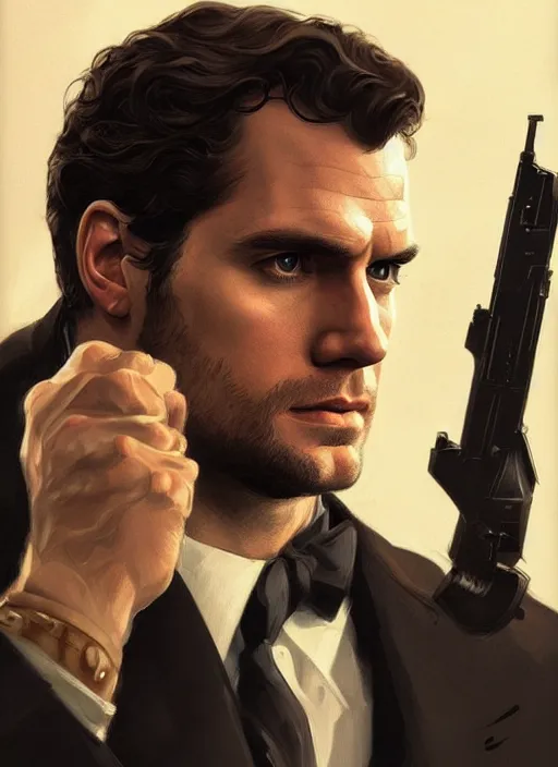 Image similar to portrait of henry cavill as james bond, highly detailed, pistol, digital painting, artstation, concept art, oppresive lighting, sharp focus, illustration, art by artgerm and greg rutkowski and alphonse mucha