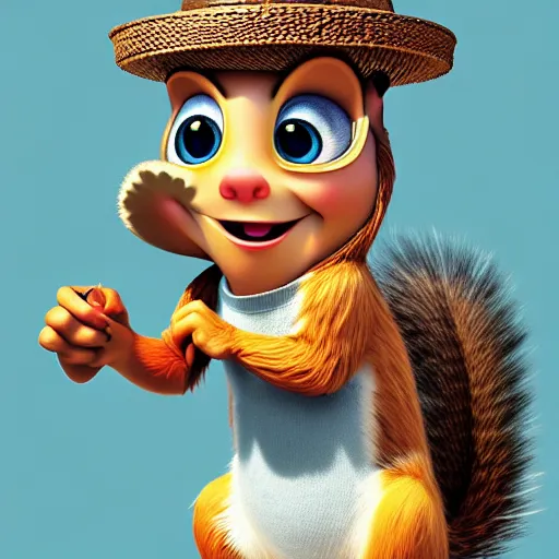 Prompt: a squirrel wearing a bucket hat. pixar