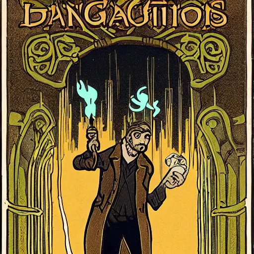 Prompt: a man holds a torch and explores a Dungeon, luminous, Art Nouveau