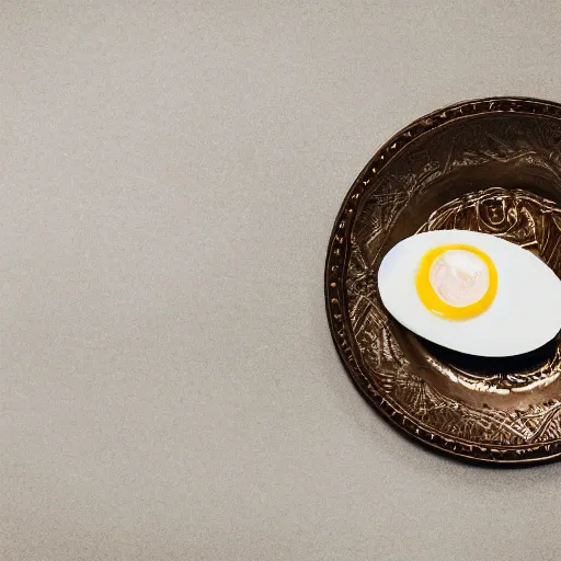 Image similar to a photograph of a hard boiled egg, sitting on top a table, there is a table cloth with an ornate pattern. minimalistic, natural light, depth of field